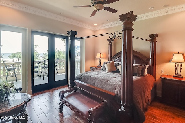 bedroom featuring crown molding, access to exterior, dark wood-type flooring, and ceiling fan