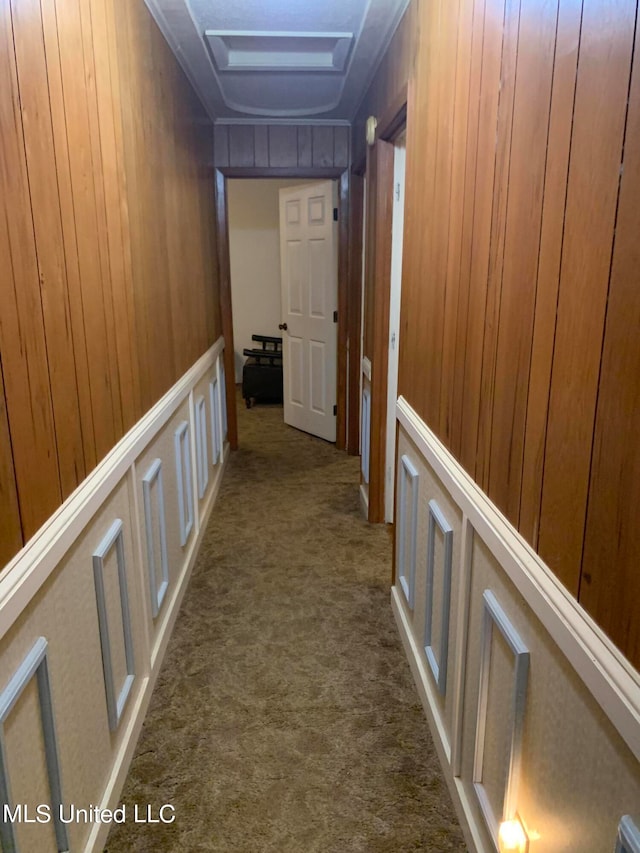 corridor with carpet floors and wooden walls