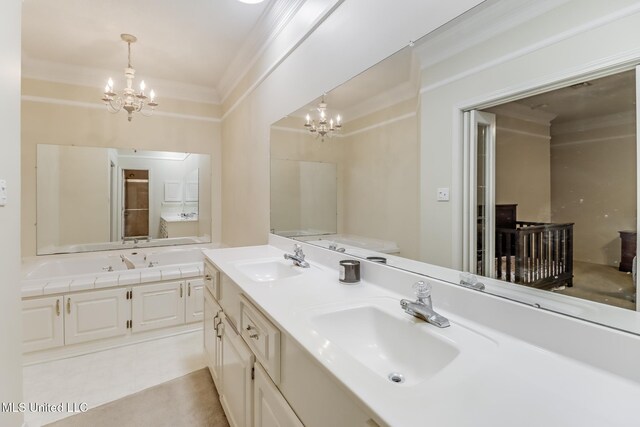8921 Hanalei Cir, Diamondhead, MS 39525 - full bathroom featuring a chandelier, crown molding, double vanity, and a bath