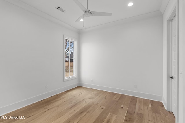 unfurnished bedroom with recessed lighting, baseboards, visible vents, and light wood finished floors