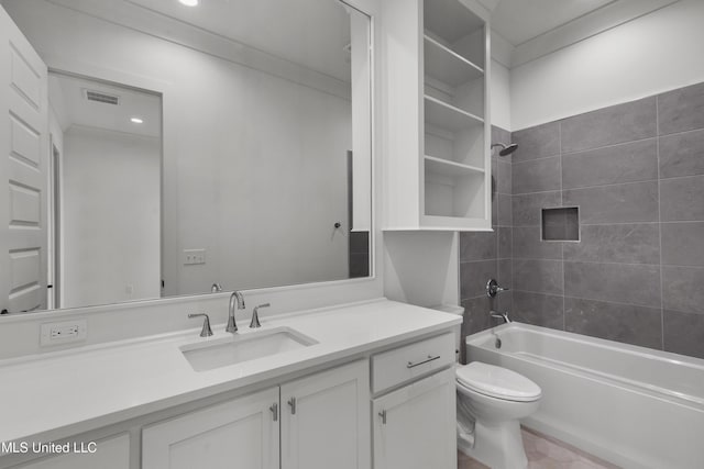 bathroom with toilet, visible vents, bathtub / shower combination, and vanity