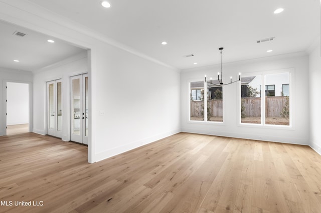 unfurnished dining area featuring ornamental molding, recessed lighting, visible vents, and light wood-style floors