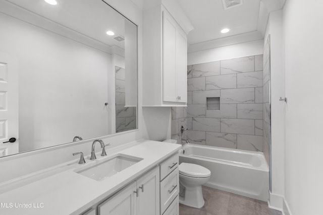 bathroom with visible vents, toilet, vanity, shower / washtub combination, and recessed lighting