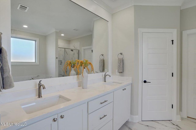 bathroom featuring vanity, ornamental molding, and an enclosed shower