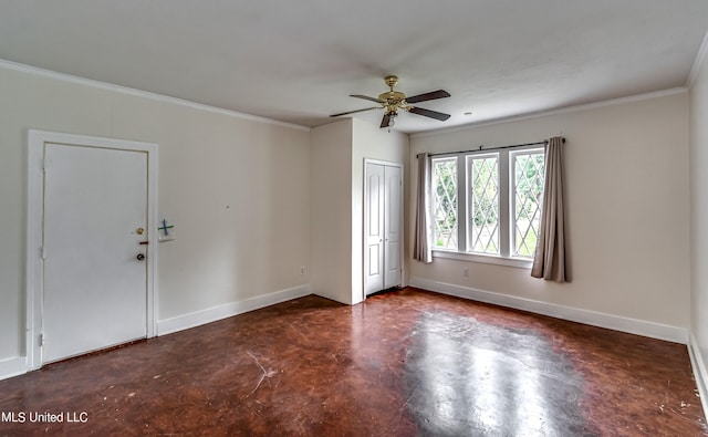 unfurnished room with crown molding and ceiling fan