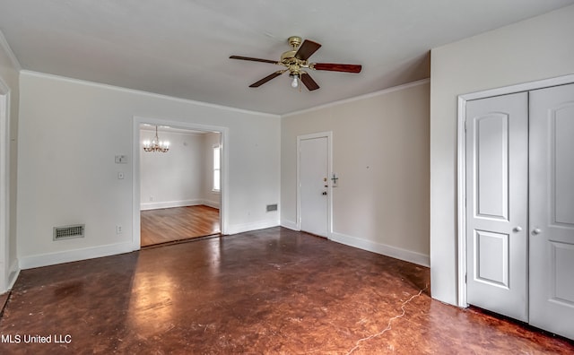 unfurnished room featuring crown molding and ceiling fan with notable chandelier