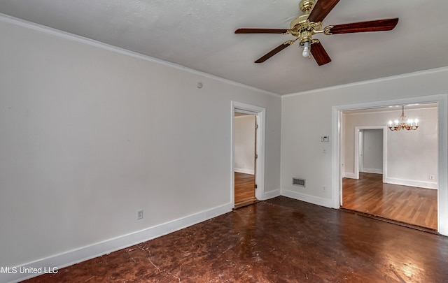 empty room featuring crown molding, dark hardwood / wood-style floors, and ceiling fan with notable chandelier