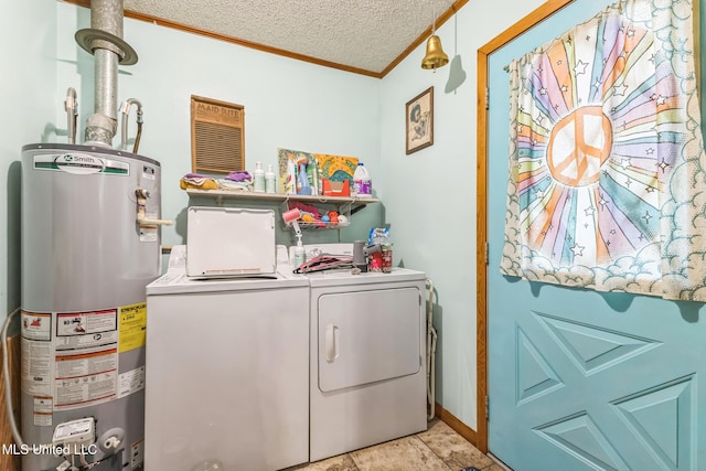 3811 16th St, Gulfport, MS 39501 - washroom with water heater, washing machine and clothes dryer, ornamental molding, and a textured ceiling