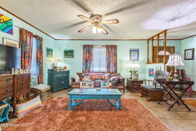 3811 16th St, Gulfport, MS 39501 - living room with ornamental molding, a ceiling fan, and a textured ceiling