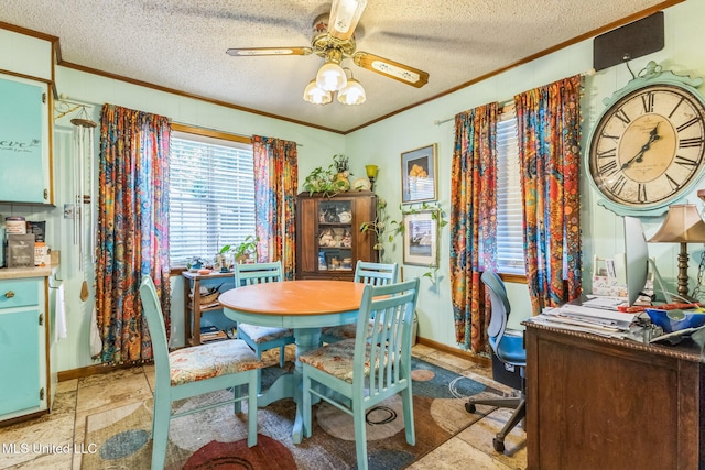 3811 16th St, Gulfport, MS 39501 - dining room featuring ornamental molding, a textured ceiling, ceiling fan, baseboards, and a desk