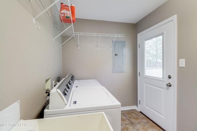 28121 Dusty Ln, Picayune, MS 39466 - laundry room featuring washing machine and clothes dryer, electric panel, light tile patterned flooring, and baseboards