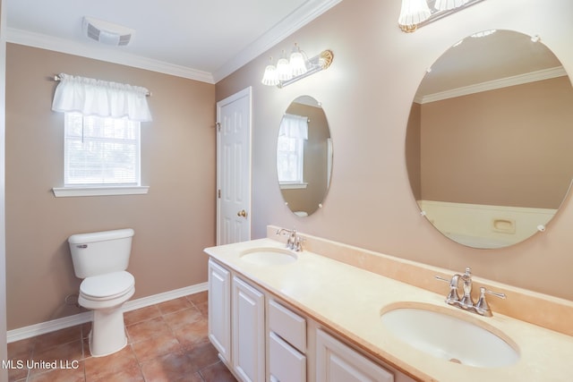 28121 Dusty Ln, Picayune, MS 39466 - bathroom featuring toilet, crown molding, baseboards, double vanity, and tile patterned flooring