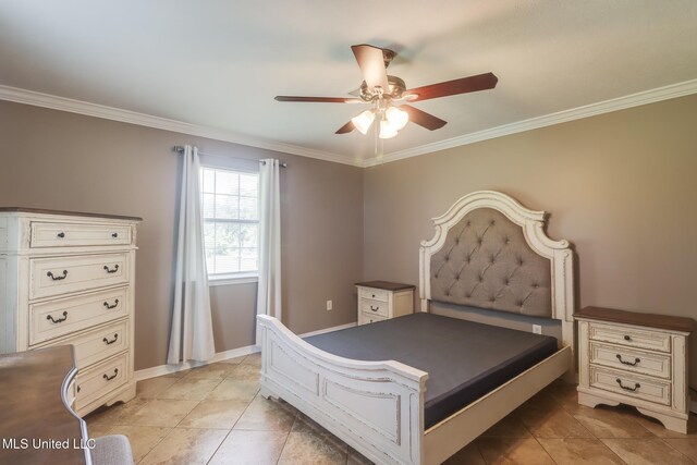 28121 Dusty Ln, Picayune, MS 39466 - bedroom with crown molding, a ceiling fan, light tile patterned floors, and baseboards