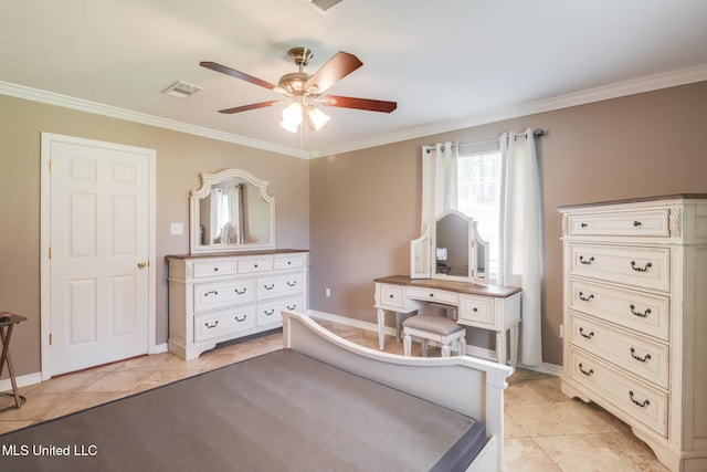 28121 Dusty Ln, Picayune, MS 39466 - bedroom with ornamental molding, light tile patterned floors, baseboards, and ceiling fan