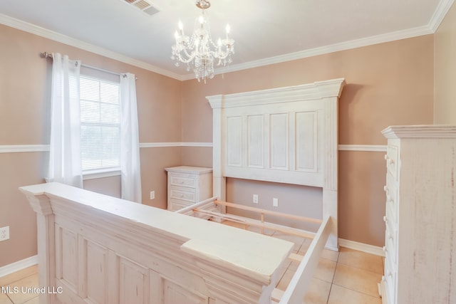 28121 Dusty Ln, Picayune, MS 39466 - bedroom with a chandelier, light tile patterned floors, ornamental molding, and baseboards