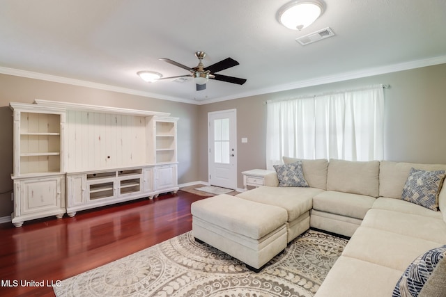 28121 Dusty Ln, Picayune, MS 39466 - living area with wood finished floors, a ceiling fan, crown molding, and baseboards