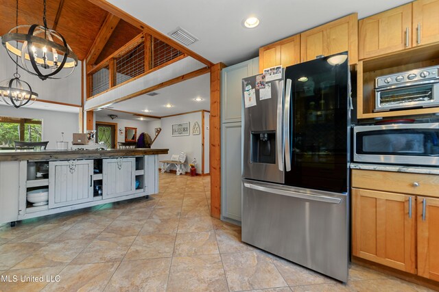 19640 Busby Rd, Vancleave, MS 39565 - kitchen featuring recessed lighting, an inviting chandelier, dark countertops, visible vents, and stainless steel fridge
