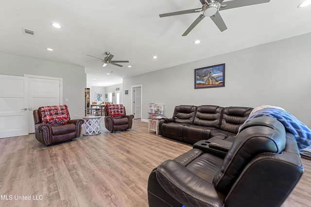 19640 Busby Rd, Vancleave, MS 39565 - living room with ceiling fan, wood finished floors, visible vents, and recessed lighting