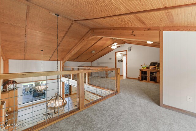 19640 Busby Rd, Vancleave, MS 39565 - additional living space featuring carpet flooring, visible vents, lofted ceiling, ceiling fan, and wood ceiling