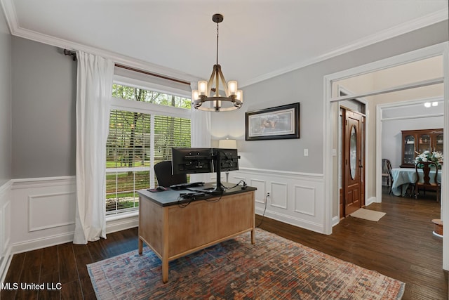 32 Cambrooke, Hattiesburg, MS 39402 - office space with dark wood-style floors, a chandelier, ornamental molding, a wainscoted wall, and a decorative wall