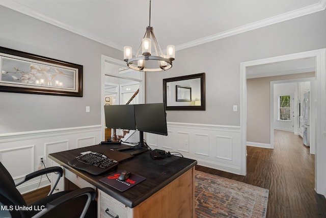 32 Cambrooke, Hattiesburg, MS 39402 - office featuring a chandelier, crown molding, dark wood-style floors, and a wainscoted wall