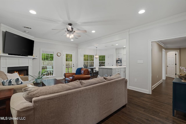 32 Cambrooke, Hattiesburg, MS 39402 - living area with ceiling fan, baseboards, crown molding, a warm lit fireplace, and dark wood-type flooring