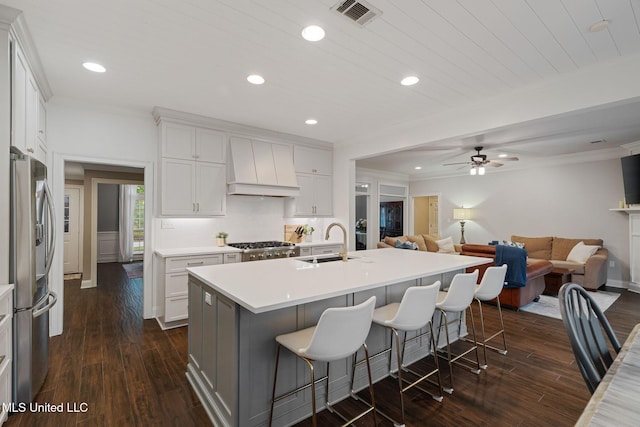 32 Cambrooke, Hattiesburg, MS 39402 - kitchen featuring custom range hood, appliances with stainless steel finishes, a sink, a ceiling fan, and open floor plan