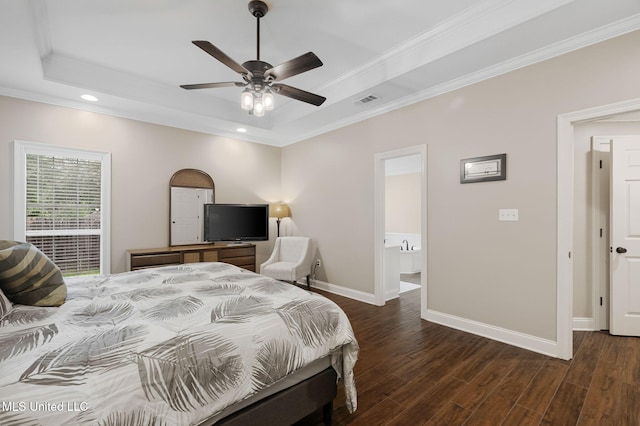 32 Cambrooke, Hattiesburg, MS 39402 - bedroom with a tray ceiling, dark wood finished floors, baseboards, ornamental molding, and recessed lighting