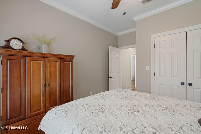 32 Cambrooke, Hattiesburg, MS 39402 - bedroom featuring ornamental molding, a closet, and a ceiling fan