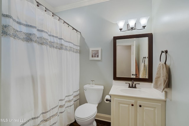 32 Cambrooke, Hattiesburg, MS 39402 - bathroom featuring vanity, toilet, baseboards, a chandelier, and a shower with curtain