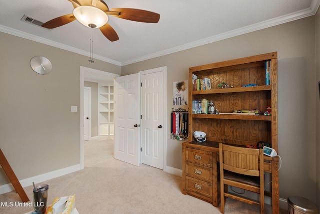 32 Cambrooke, Hattiesburg, MS 39402 - office space featuring a ceiling fan, ornamental molding, baseboards, and light carpet