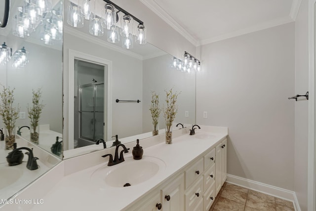 32 Cambrooke, Hattiesburg, MS 39402 - bathroom with ornamental molding, a shower stall, double vanity, and baseboards