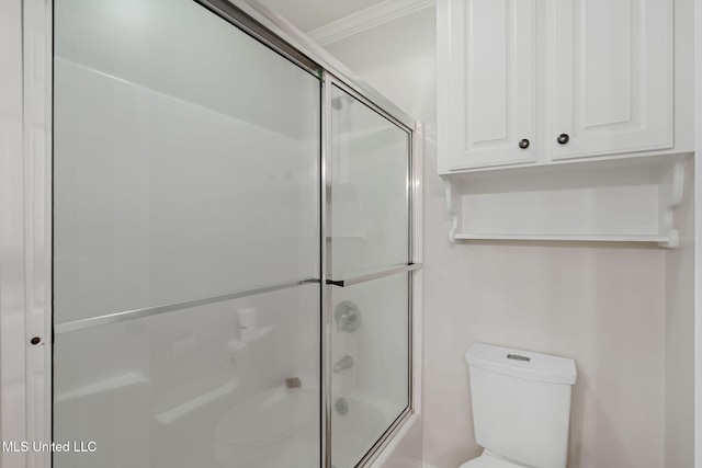 32 Cambrooke, Hattiesburg, MS 39402 - bathroom with toilet, shower / bath combination with glass door, and ornamental molding
