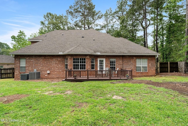 32 Cambrooke, Hattiesburg, MS 39402 - back of property featuring roof with shingles, a wooden deck, brick siding, and central AC