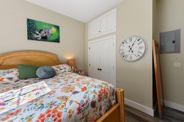 bedroom with electric panel, dark wood-type flooring, and a closet