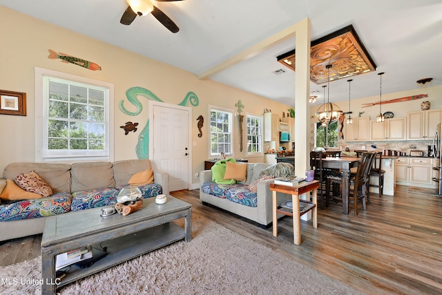 living room with dark hardwood / wood-style flooring and ceiling fan with notable chandelier