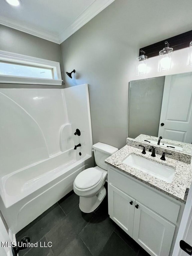 113 River Bend Ave, Vidalia, LA 71373 - bathroom featuring toilet, vanity, shower / washtub combination, ornamental molding, and tile patterned floors