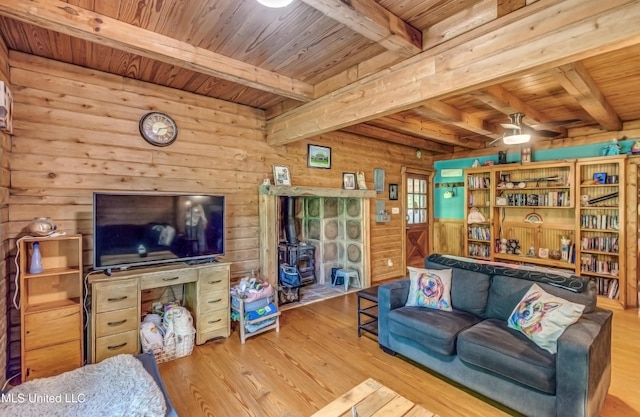 106 Mcwilliams Dr, Terry, MS 39170 - living room featuring wood ceiling, wood finished floors, beamed ceiling, wooden walls, and a wood stove