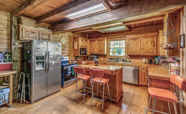 106 Mcwilliams Dr, Terry, MS 39170 - kitchen featuring stainless steel appliances, butcher block countertops, a sink, wooden ceiling, and wood walls