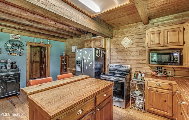 106 Mcwilliams Dr, Terry, MS 39170 - kitchen featuring wood counters, appliances with stainless steel finishes, wood ceiling, beam ceiling, and light wood-style flooring