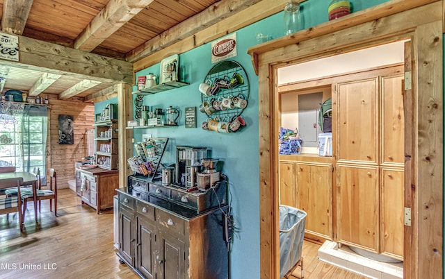 106 Mcwilliams Dr, Terry, MS 39170 - bar with wooden ceiling, beamed ceiling, light wood finished floors, and wooden walls