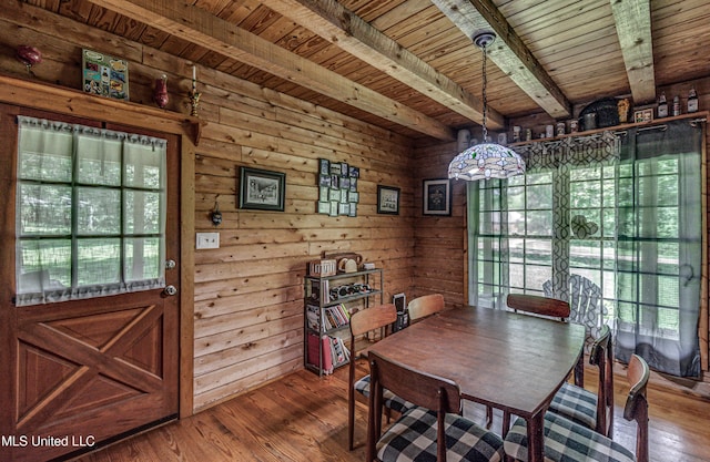 106 Mcwilliams Dr, Terry, MS 39170 - dining area featuring beam ceiling, wooden ceiling, wood finished floors, and wooden walls