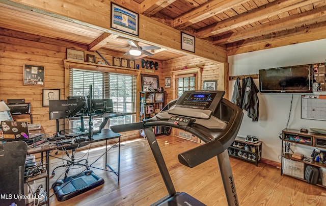 106 Mcwilliams Dr, Terry, MS 39170 - exercise room featuring wooden walls, wooden ceiling, healthy amount of natural light, wood finished floors, and ceiling fan