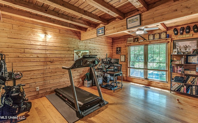 106 Mcwilliams Dr, Terry, MS 39170 - workout room with wooden ceiling, wood walls, wood-type flooring, and ceiling fan