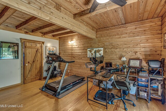 106 Mcwilliams Dr, Terry, MS 39170 - workout area with wood ceiling, wooden walls, wood finished floors, and ceiling fan