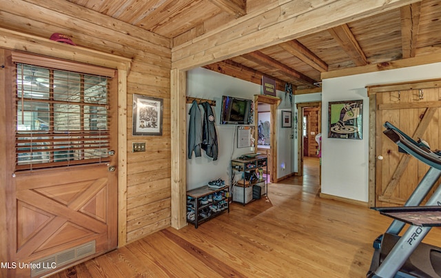 106 Mcwilliams Dr, Terry, MS 39170 - entrance foyer with wood ceiling, light wood-style floors, and beam ceiling