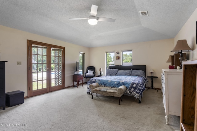 5539 Gates Ave, Long Beach, MS 39560 - bedroom featuring french doors, light colored carpet, access to outside, a textured ceiling, and a ceiling fan