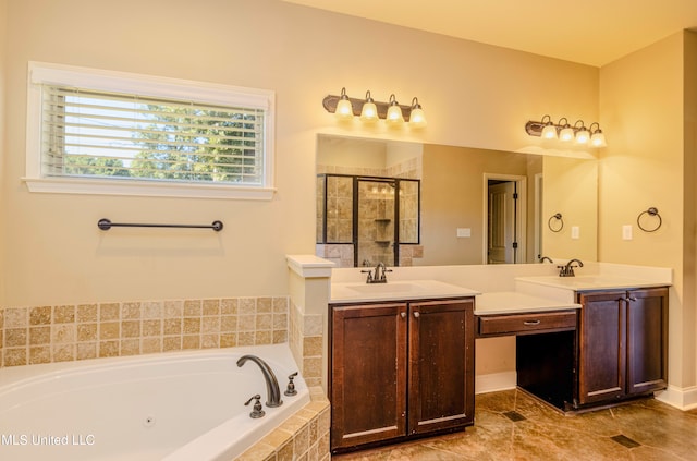 bathroom with vanity, plus walk in shower, and tile patterned floors