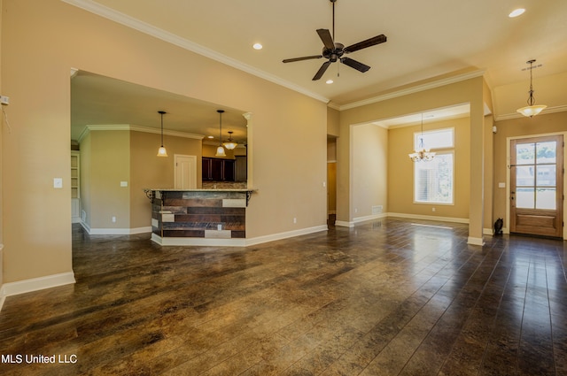 unfurnished living room with crown molding, ceiling fan with notable chandelier, and dark hardwood / wood-style flooring