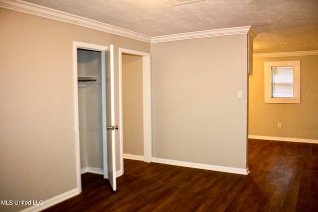 unfurnished bedroom featuring dark wood-type flooring and crown molding